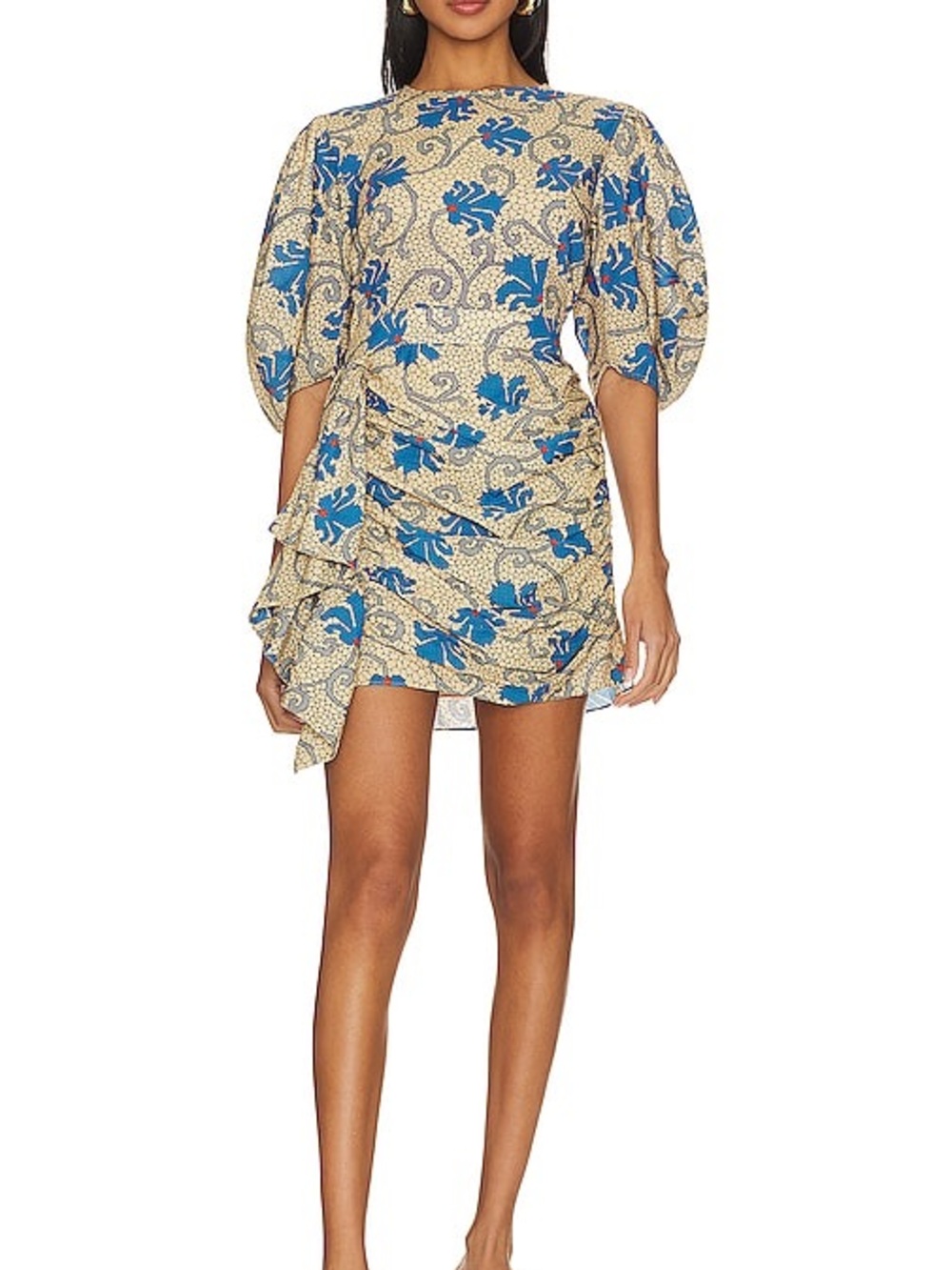 RHODE Mosaic Blue & Cream “Pia” Puff-Sleeve Mini Dress | Size 10